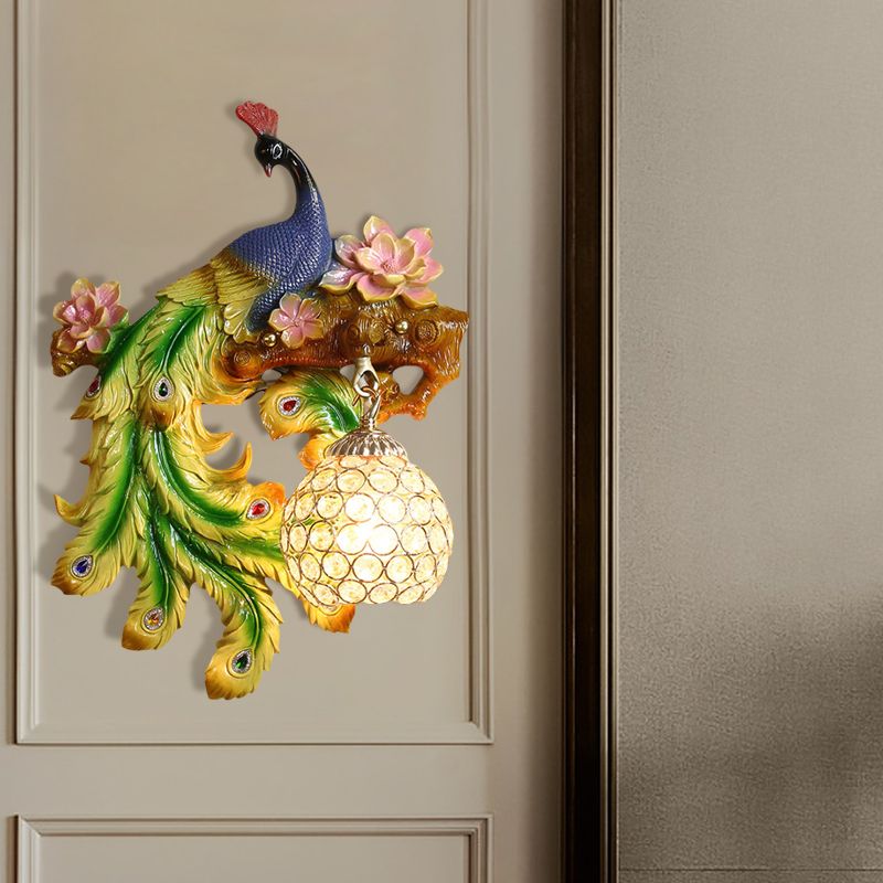 Peacock and Flower Bedroom Sconce Traditional Resin Single Head Blue-Green Wall Lighting Fixture with Orb Hand-Cut Crystal Shade, Left/Right