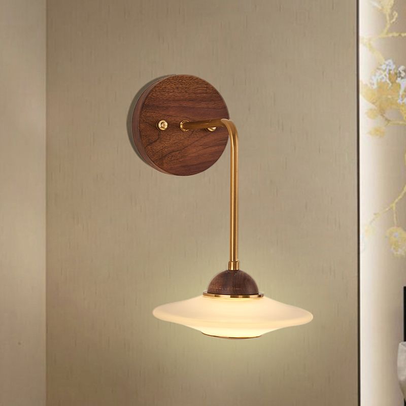 Accesorio de pared de la pared de la cama de avión LED de vidrio esmerilado Luz de pared simple Splate con placa posterior de madera marrón