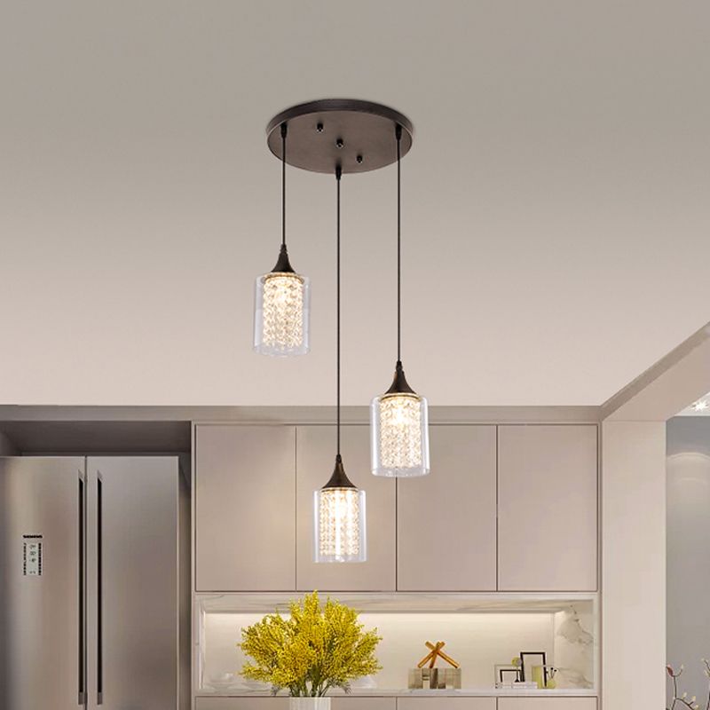 Cilindro in vetro trasparente multiplo a sospeso lampada a pendolo nero minimalista a 3 luci con baldacchino lineare/rotondo