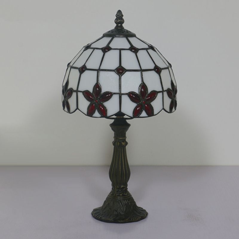 Lattice Bowl White Glass Table Lamp Victorian 1 Light Red/Yellow/Blue Flower Patterned Nightstand Light