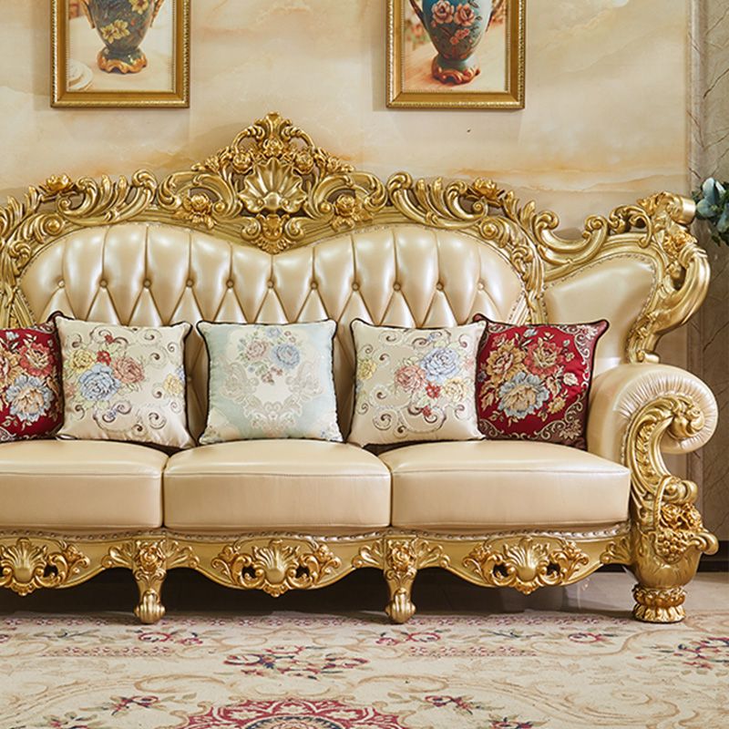 Gold Genuine Leather Sofa Tufted Split-Back Rolled Arm Sofa for Living Room