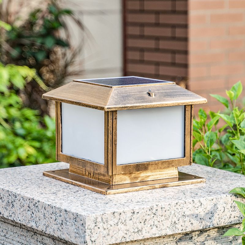 Square Solar Pillar Lamp Contemporary Metal Outdoor Waterproof Light