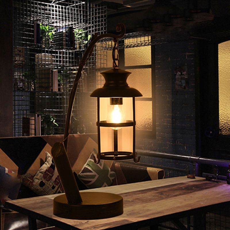 1 Head Cylinder Table Light Farmhouse Bronze Finish Clear Glass Desk Lighting with Metal Curved Arm
