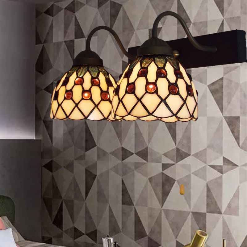 Beige Glass Black Wall Mounted Light Dome 2 Heads Tiffany Sconce Lighting with Pull Chain