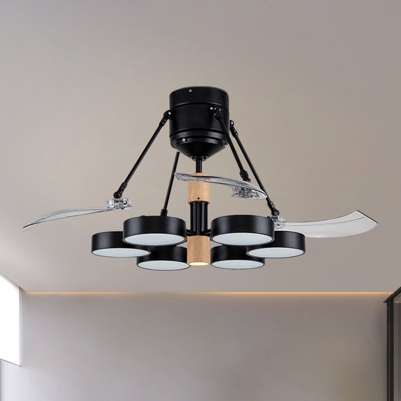 Simplicity Drum Pendant Fan Light Metallic 6-kop 48 "W Drawing Room dicht bij plafondlamp met 4 heldere messen in zwart/wit/roze