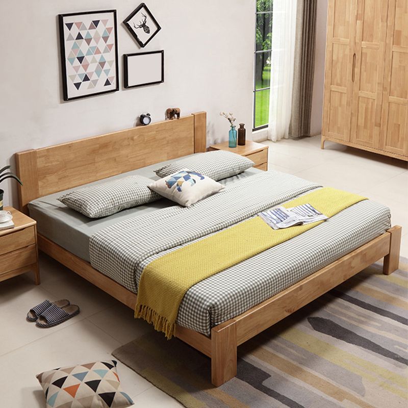 Modern Solid Color Panel Bed Rubberwood Standard Bed with Headboard