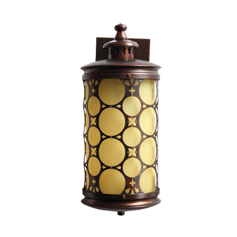 Rural Cylinder Wall Sconce Lamp Single Light Yellow Glass Wall Light in Bronze with Circle Design