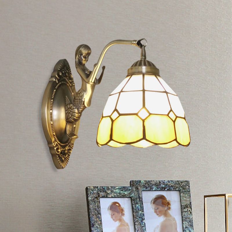 1 Bulb Living Room Wall Mounted Light Baroque Bronze Mermaid Wall Lamp with Grid Dome Dark/Sky Blue and White Glass Shade