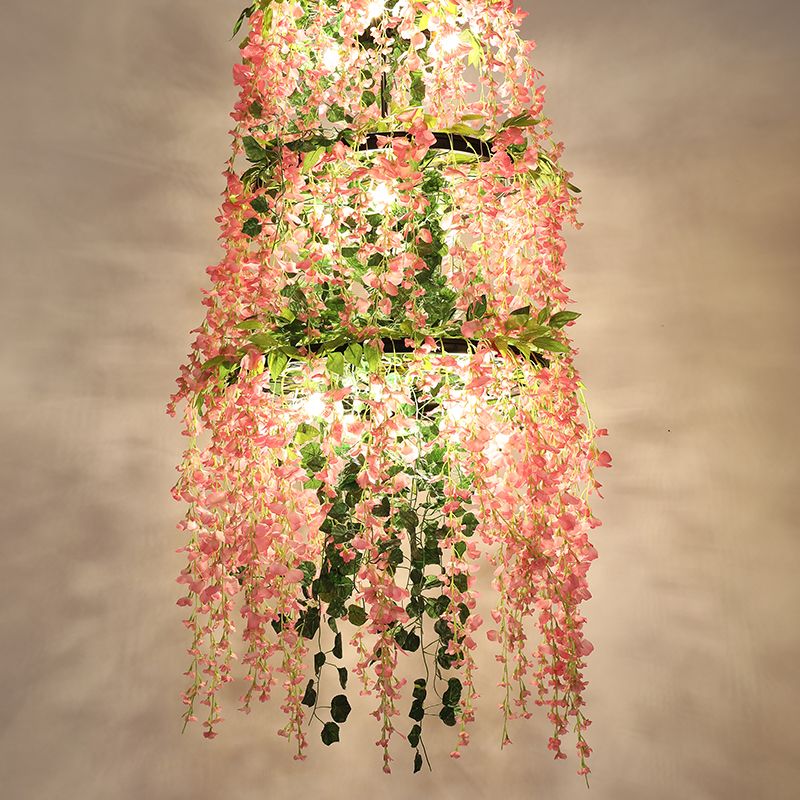 Pink Layered Chandelier Light Fixture Loft Iron 11 Lights Restaurant Flower Hanging Pendant Lamp