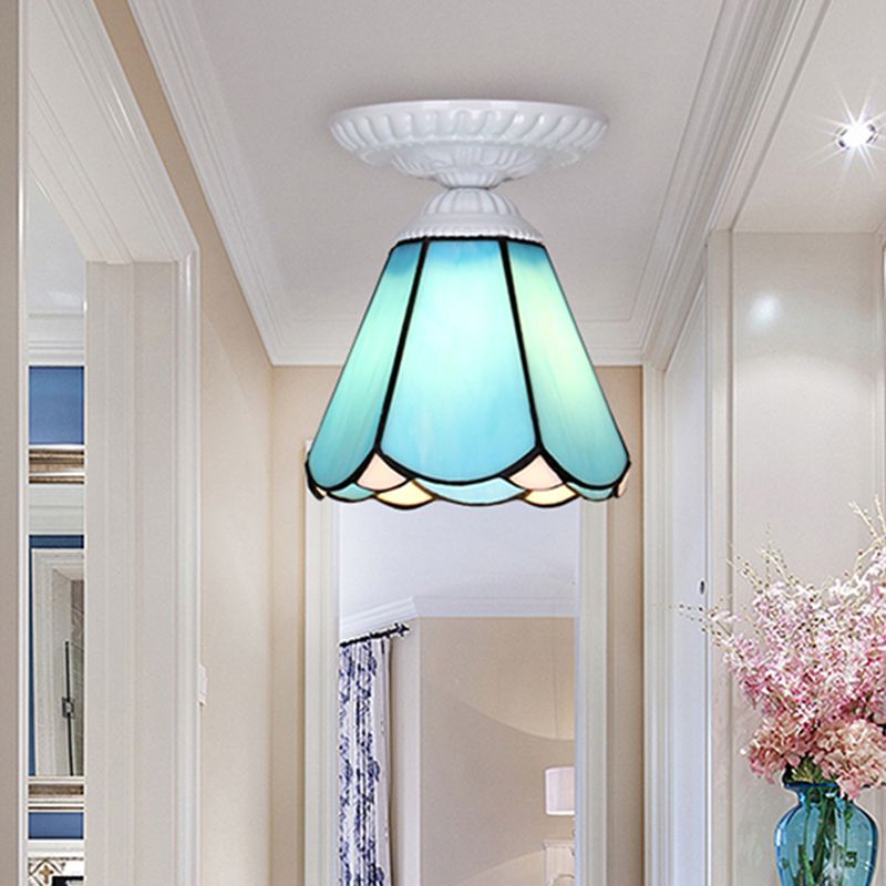 Single Flower Ceiling Mounted Light Vintage Handcrafted Stained Glass Flushmount Lighting for Aisle