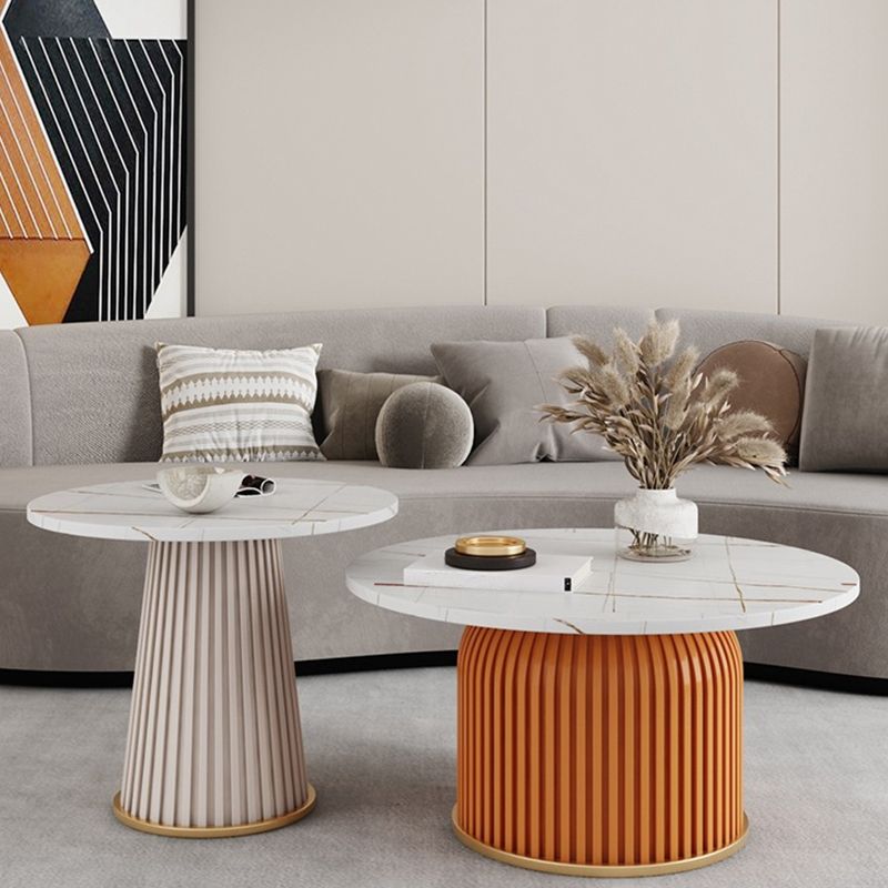 Modern Slate Solid Coffee Table Iron Round Cocktail Table in White/Black