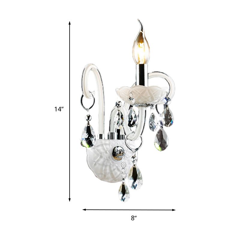 Modern Candelabra Wall Light Fixture White Glass 1/2 Heads Living Room Sconce Light with Teardrop Crystal Decoration