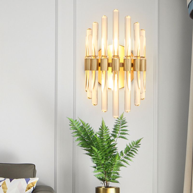 Tubular Wall Light Sconce Modern Style Clear Crystal 2 Bulbs Gold Finish Wall Sconce Light for Living Room