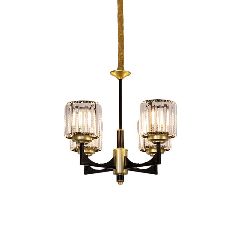 Black and Gold Cylinder Chandelier Modern Clear Crystal Glass 4/6 Heads Dining Room Pendant