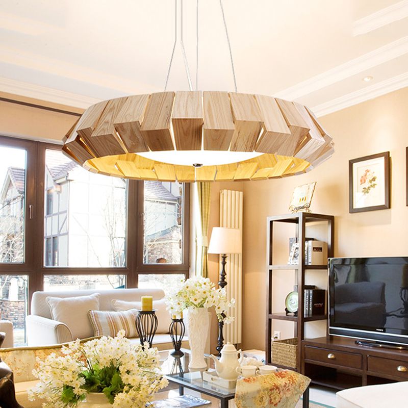 Rundkante runde LED-Anhänger Beleuchtung Asien Stil Naturholz Lounge hängende Licht mit Milchglasdiffusor