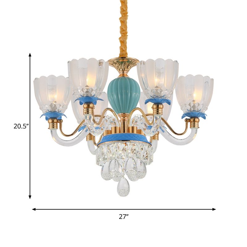 6 koppen bloemvormige kroonluchter lamp traditionele blauwe kristallen ophanging hanger