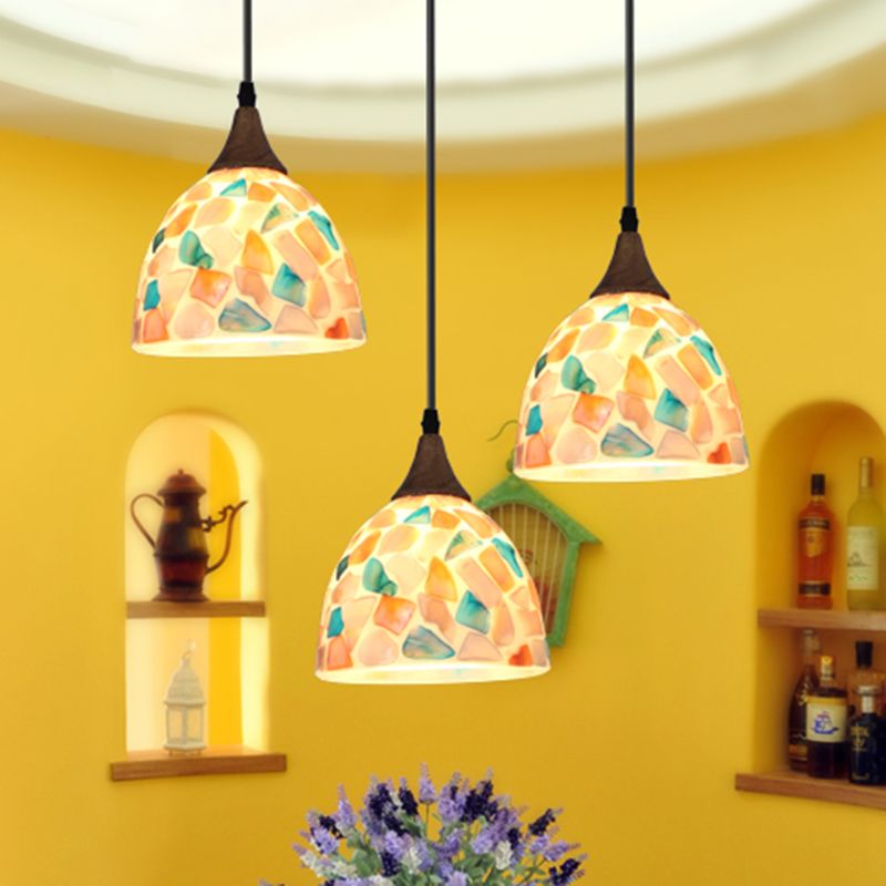 Mosaic Effect Bell Hanging Lamp Mediterranean Beige Shell Pendant Lighting for Kitchen