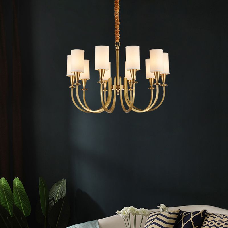 American Rustic Style Copper Chandelier Multi-lights Cylindrical Fabric Shade Hanging Light in Gold