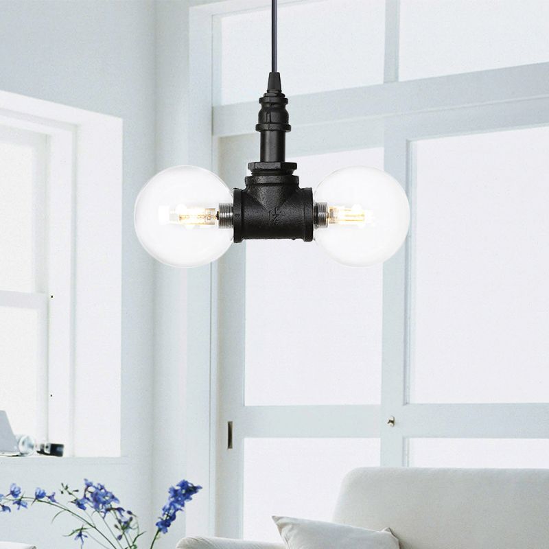 2/3/4-Bulb Globe Pendant Chandelier Industrial Black Clear Glass LED Suspension Light with Pipe Design