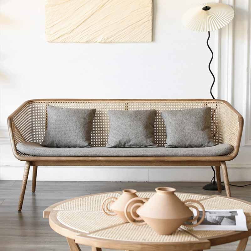 Rattan Linen Sofa 25.59" High Sloped Arm Sofa with Loose Back for Living Room