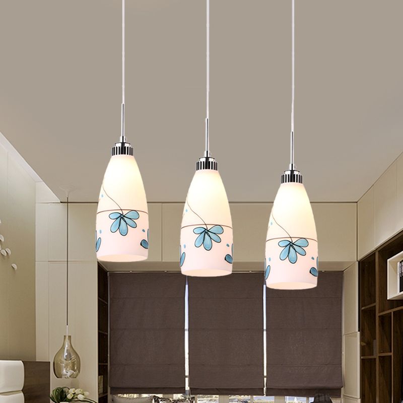3-Bulb Cone Multiple Hanging Lamp Minimalism Black/Yellow/Blue Printing Glass Pendulum Lamp with Linear/Round Canopy