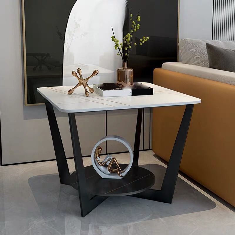 Modern Style Metal Iron Black Base Slab Top with Storage Rack Round Side Table