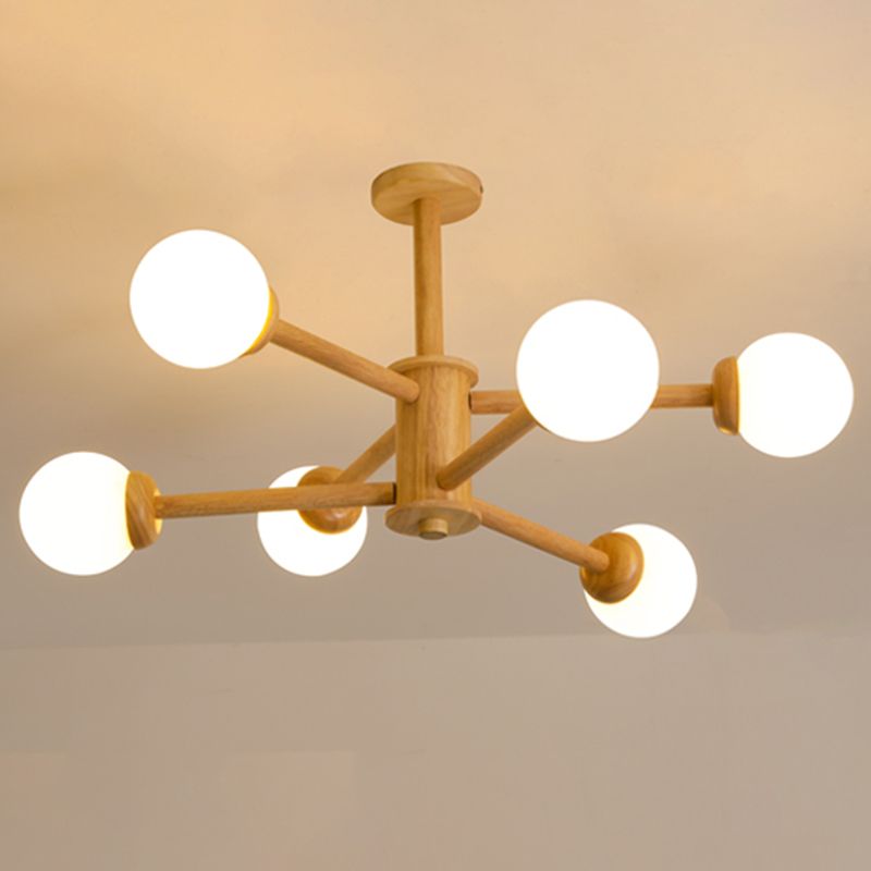 Wood Chandelier Nordic Style Pendant Lamp with White Glass Shade for Living Room