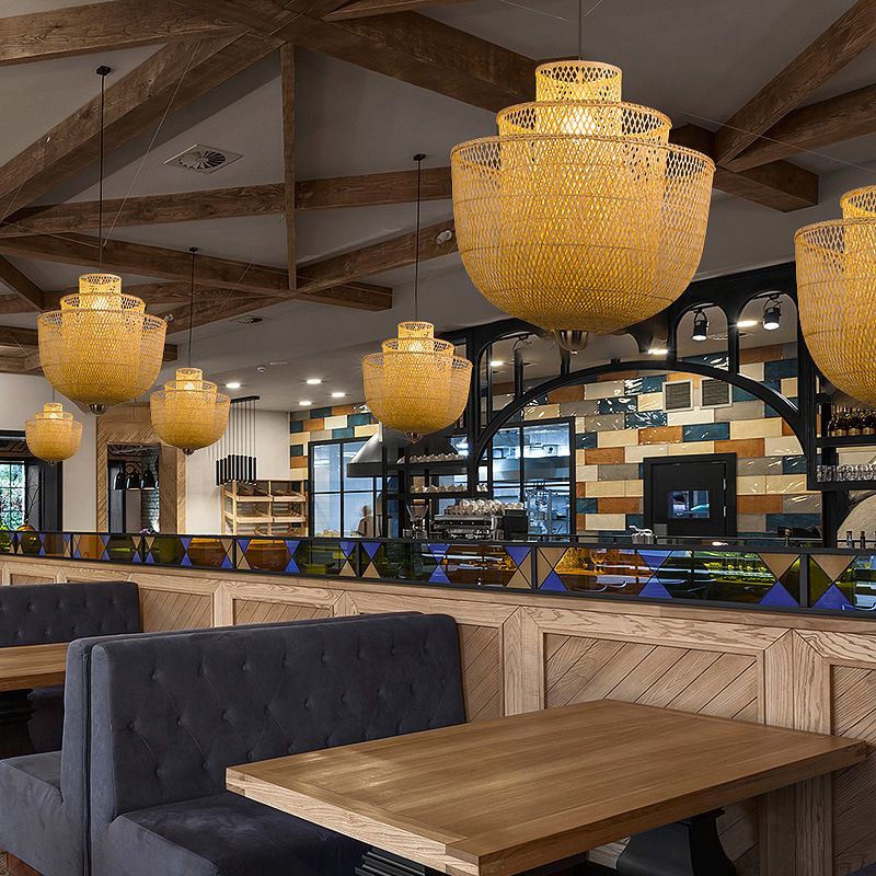 1-Light Rattan Japanese Pendant Light Beige Down Lighting for Dining Room