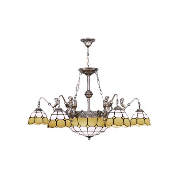 9 Lights Pendant Lighting Tiffany Domed Stained Glass Chandelier Lamp in Yellow for Dining Room
