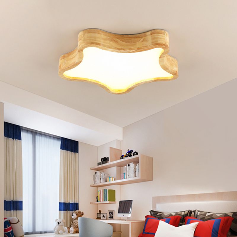 LED Bedroom Ceiling Flush Mount Light Contemporary Wood Close to Ceiling Lamp with Star Wooden Shade