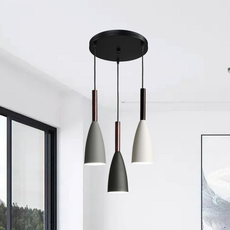 Petite cloche salle à manger suspendue léger fer 3-léger pendentif multi-lampe noir avec canopée ronde