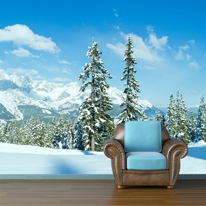 Huge Snow Scenery Mural Modern Beautiful Pine Tree and Road Wall Covering in Blue-White