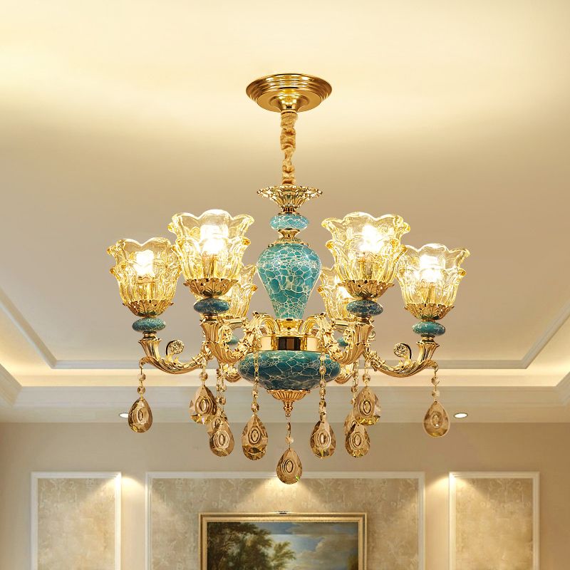 2-Layered Flower Chandelier Vintage Gold Finish Clear Glass Hanging Ceiling Light