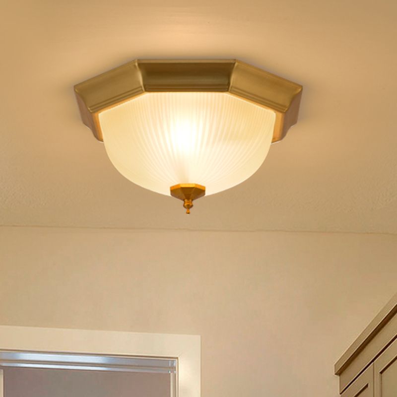 Gold Domed Flushmount Light Colonial Ribbed Glass 2 Lights Corridor Close to Ceiling Lamp
