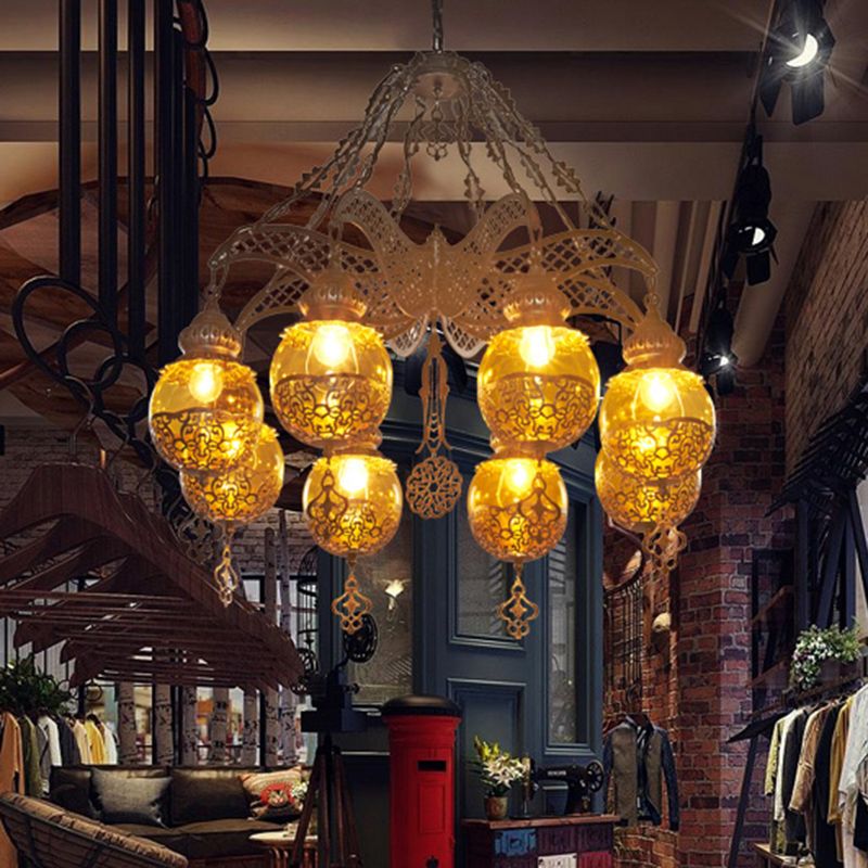 Yellow Glass Spherical Hanging Chandelier Moroccan 3/6/8 Lights Restaurant Suspension Lighting
