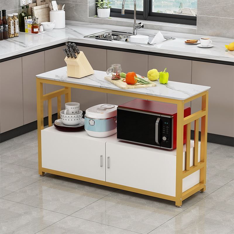 Modern White Faux Marble Top Kitchen Island Metal Frame Prep Table