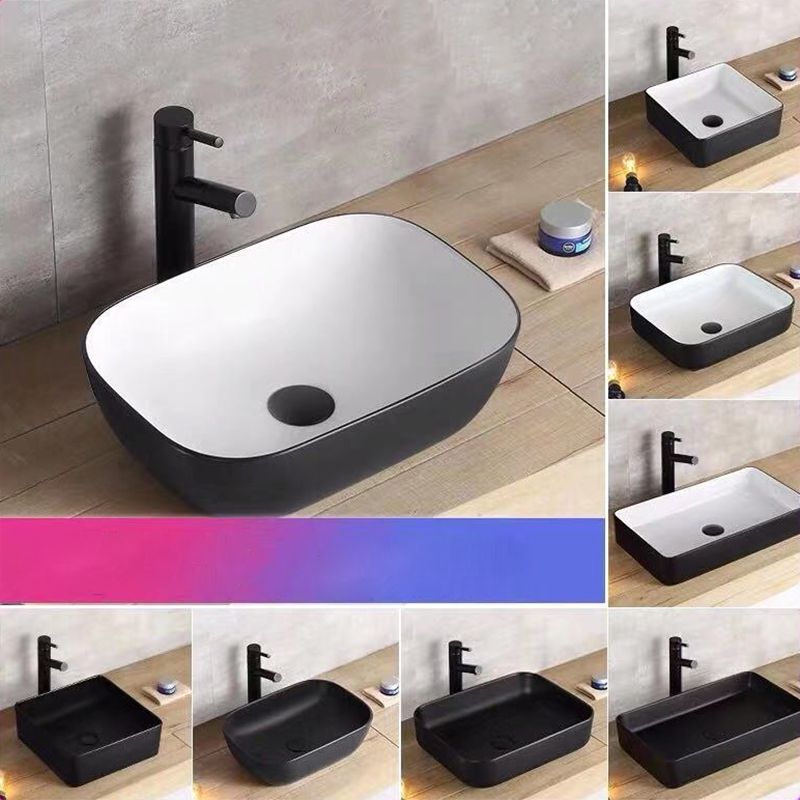 Modern Bathroom Sink Porcelain Rectangular with Pop-Up Drain and Faucet Wash Stand