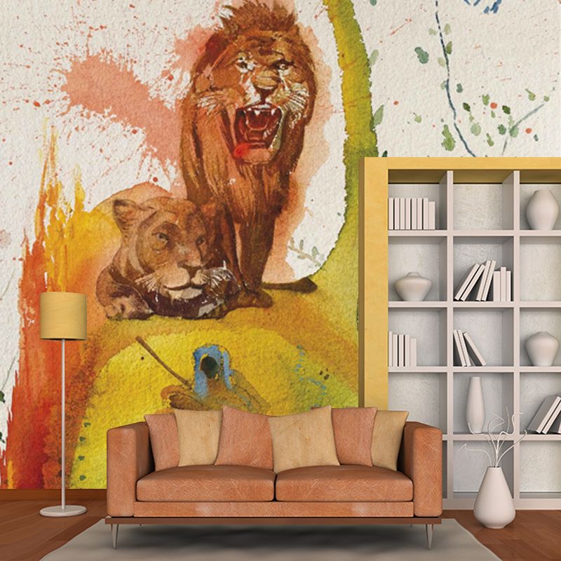 Surrealist Lions Painting Mural for Accent Wall Custom Wall Decoration in Yellow