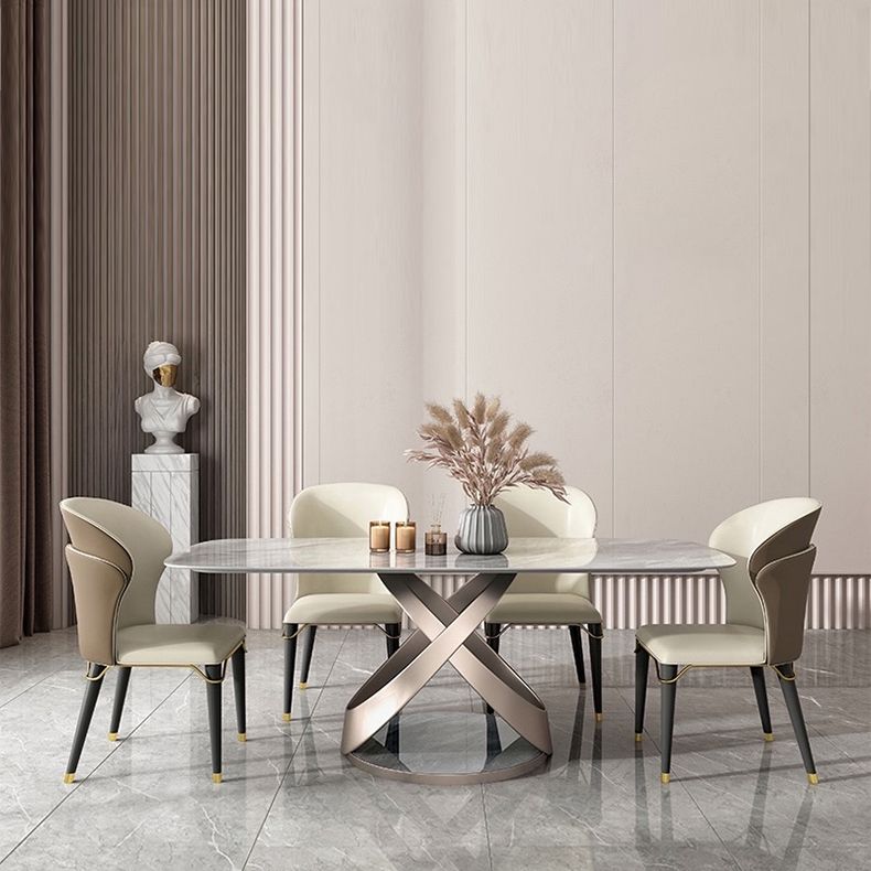 Luxury Sintered Stone Top Table Rectangle Grey Table with Gold Metal Pedestal