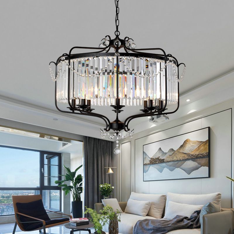 Faceted Crystal Chandelier Lamp Round Countryside Pendant Light Kit with Wire Cage for Living Room