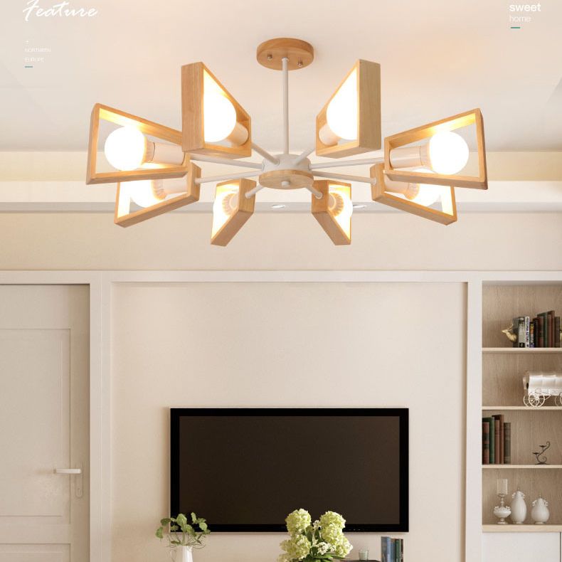Ultra-modern Sputnik Hanging Chandelier Wood Hanging Lamp with Hanging Cord for Restaurant