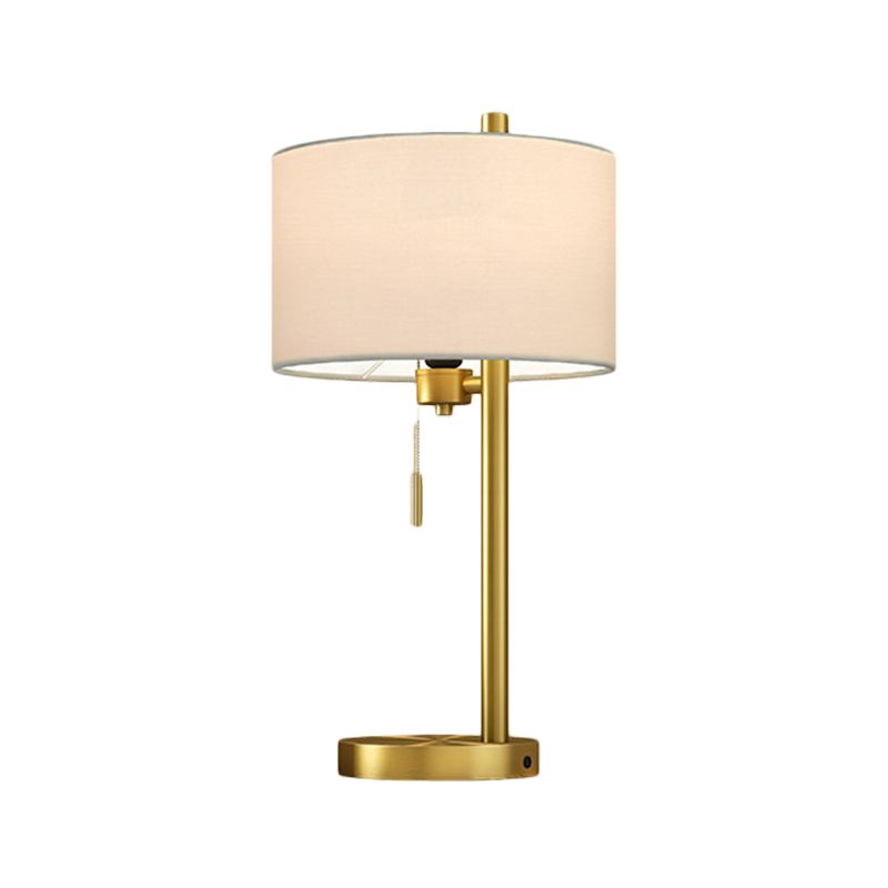 Lampada da lettura a forma di tamburo in tessuto Lampada da comodino rustica per camera da letto a lampadina singola con catenella in oro