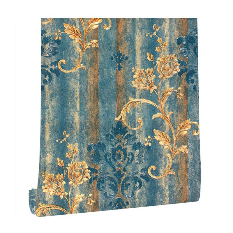 Satin Moisture Resistant Wallpaper European Flower Printed Wall Art in Antiqued Blue