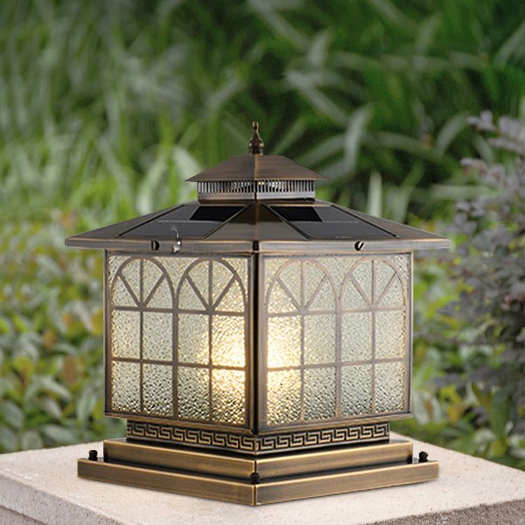 Geometric Shape Metal Solar Pillar Lamp Modern Style 1 Light Outdoor Light in Bronze