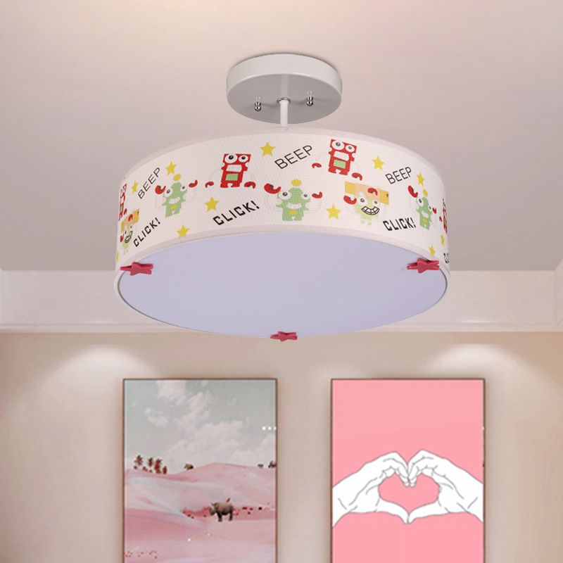 Drum Semi Mount Lighting Cartoon Fabric 3 Bulbs Flush Ceiling Light with Animal Pattern in White