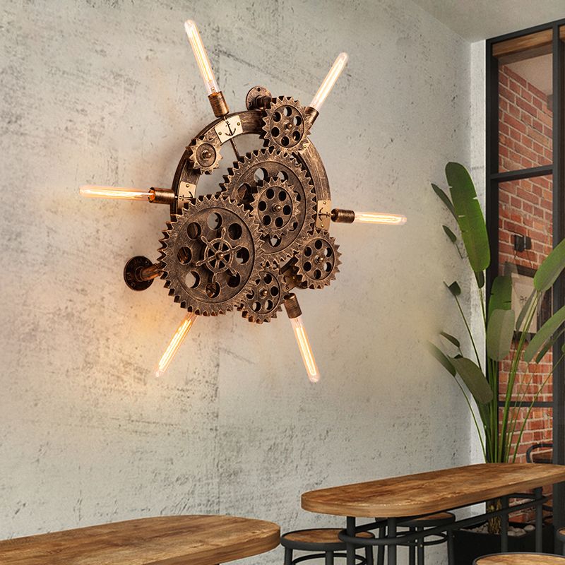 Iron Gear Wall Lamp Farm Style 6 Lights Living Room Wood Sconce Light Fixture in Brass with Open Bulb