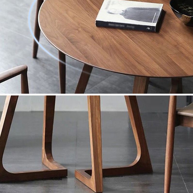 Round Double Pedestal Modern Dining Table Wood Color Fixed Table of Solid Wood