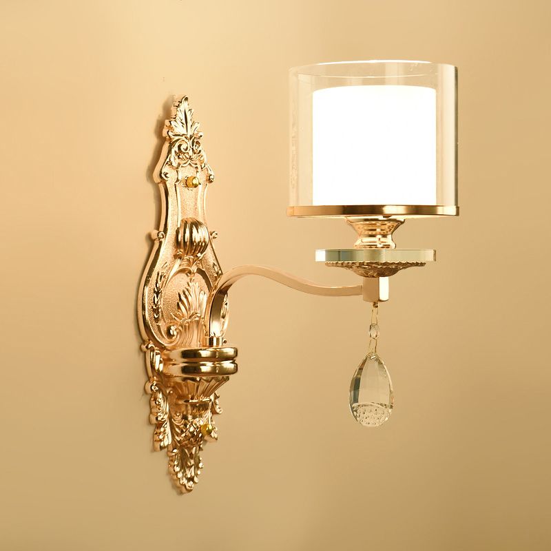 Clear Glass Cylinder Wall Mount Light Minimalism Corridor Wall Lighting with Crystal Accent in Gold