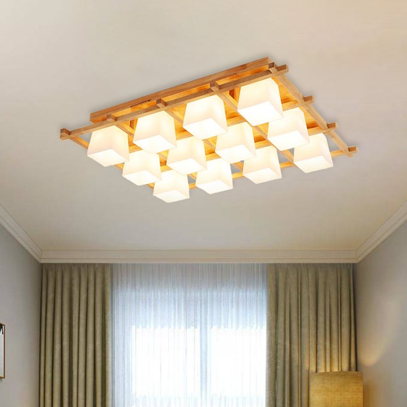 Wooden Checkerboard Shape Flush Mount Light Study Room Japanese Style Ceiling Light in Beige