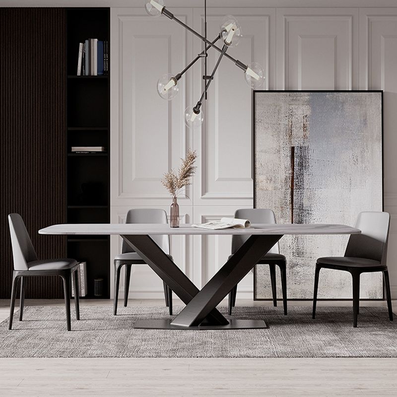 Modern Stone Top White Rectangular Dining Table with Black X-Base